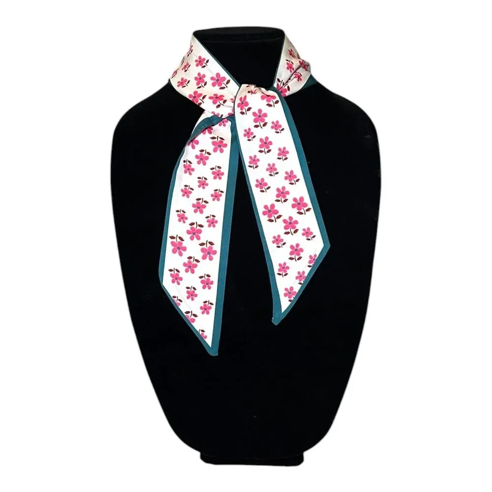 Pink Woman Scarf Thin Ribbon Floral Wrap 37” X 2.5”